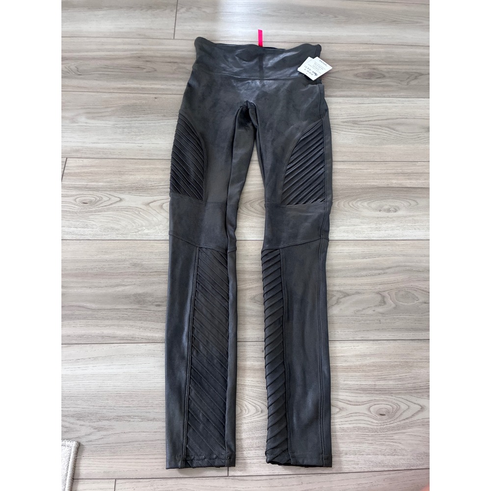 Spanx Faux Leather Moto Leggings Grey High Waisted Ribbed Slimming Small NEW